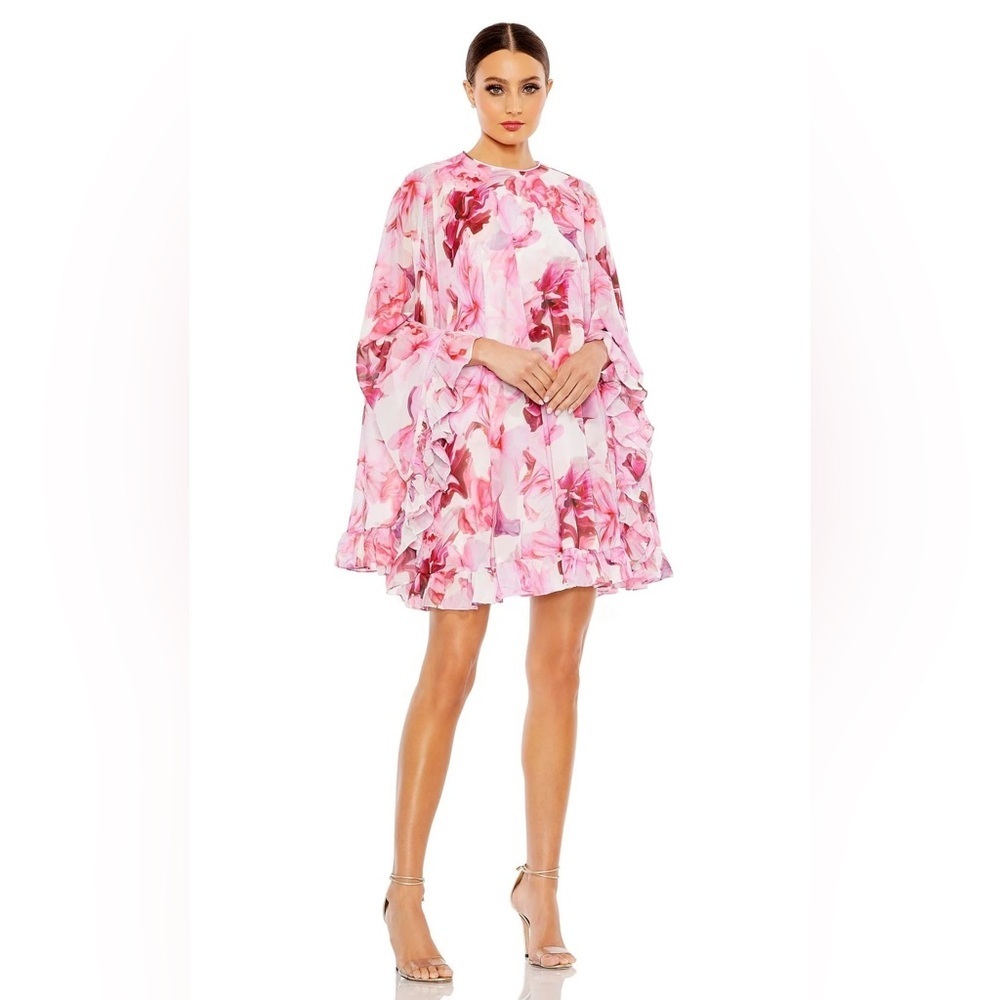 NWT IEENA For MacDuggal High Neck Floral Ruffle A-line Cape Mini Dress Sz 2